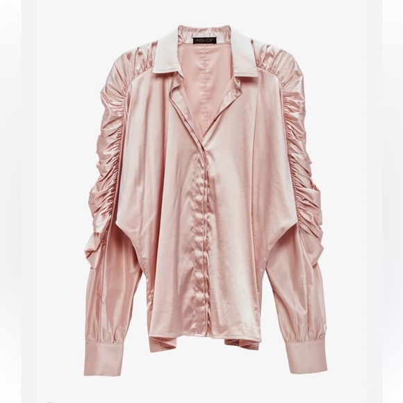 AS By DF Ferrara Ruched-Sleeve Satin Blouse in Blush New with Tags! - Picture 4 of 11